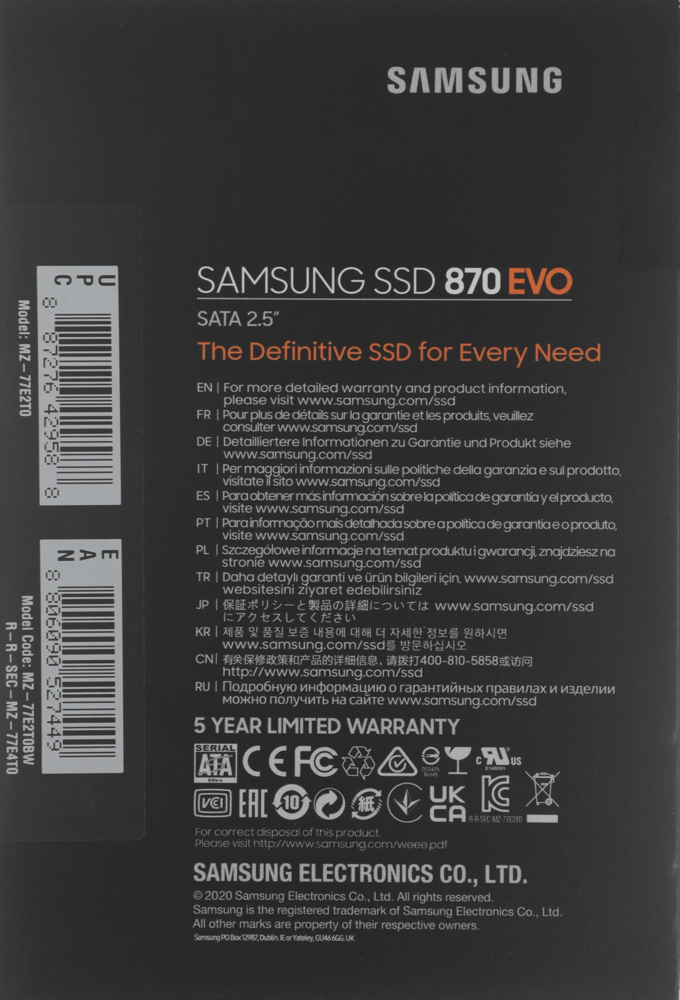 Накопитель SSD Samsung SATA-III 2TB MZ-77E2T0BW 870 EVO 2.5"