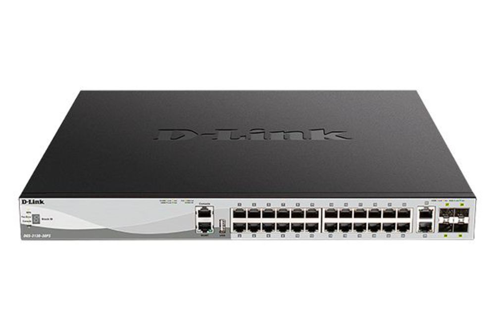DGS-3130-30PS/B1A PROJ Управляемый L3 стекируемый коммутатор с 24 портами 10/100/1000Base-T, 2 портами 10GBase-T и 4 портами 10GBase-X SFP+ (24 порта PoE 802.3af/at, PoE-бюджет 370 Вт)