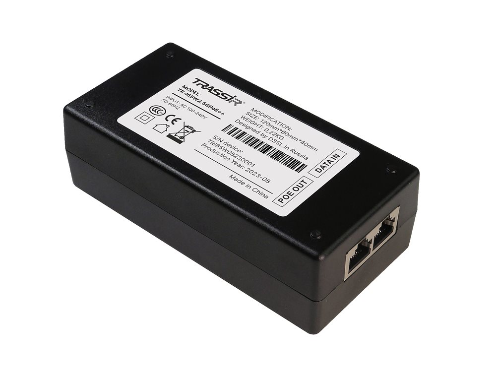 TR-I65W2.5GPoE++  POE-инжектор TRASSIR. Вход: 100-240В 50/60Гц . Мощность POE на порт 65Вт. Общий бюджет 65Вт. Порты: 1*RJ45*10/100/1000M Data IN, 1*RJ45*10/100/1000M PoE OUT. Предназначен для питания устройств по протоколам IEEE 802.3af/at/bt. Функция ав