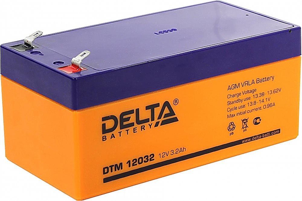 DTM 12032 - Аккумулятор Delta герметичный свинцово-кислотный, 12В/3,4Ач, тип клеммы: FASTON (зажим) 4,8 мм, 134х67х67мм, 1,35 кг