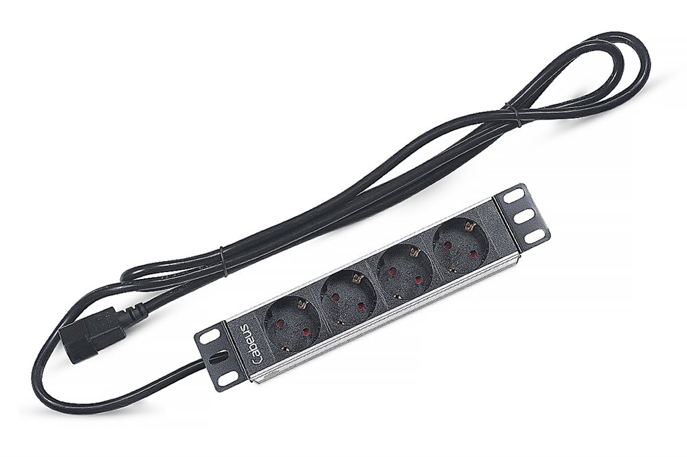 Cabeus PDU-4P-2IEC Блок евророзеток для 10" шкафов, горизонтальный, 4 розетки, 10 A, без выключателя, алюминиевый корпус, шнур 2 м, вилка IEC 320 C14