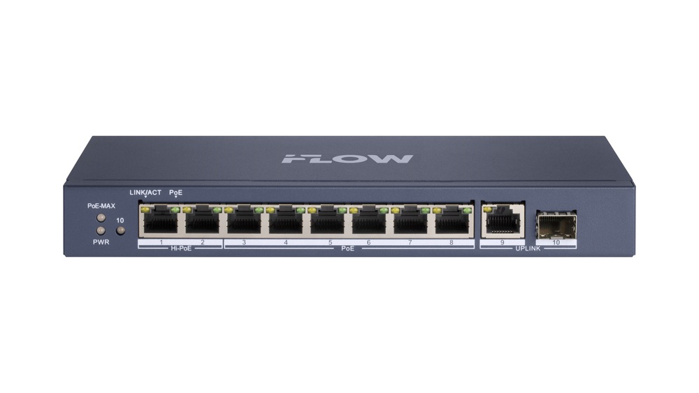 F-SW-EU610HPOE-V - неуправляемый PoE-коммутатор, 8 гигабитных портов RJ45 PoE, 1 uplink порт 1000 Мбит/с RJ45, 1 гигабитный порт SFP, iFLOW