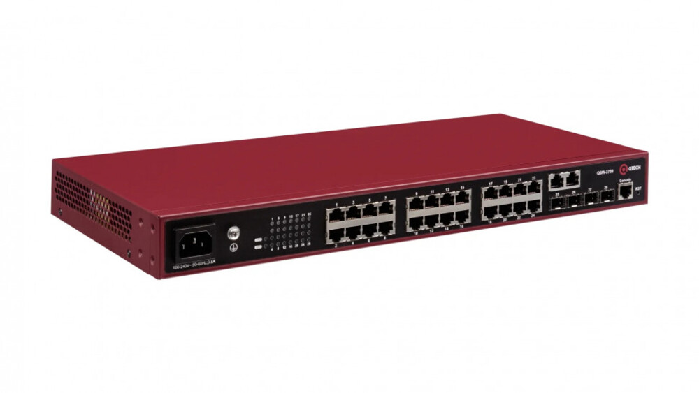 QSW-3750-28T-POE-AC-R Коммутатор QTECH управляемый L2 с поддержкой PoE 802.3af/at (24 порта 10/100/1000BASE-T, 4 порта  100/1000BASE-X SFP, 4K VLAN, 16K MAC адресов, консольный порт, 220В AC)