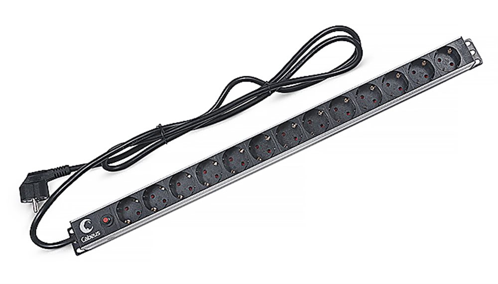 Cabeus PDU-13P-F-2EU - Блок евророзеток для 19" шкафов, 13 розеток, фильтр, 16 A, без выключателя, шнур 2м, алюминиевый корпус, немецкий стандарт