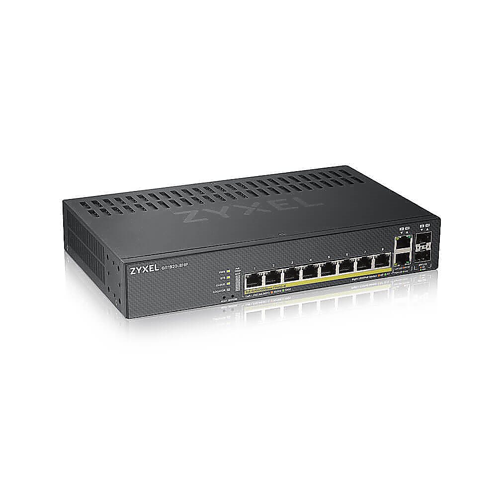 GS1920-8HPV2 - Коммутатор управляемый Zyxel, 8xGE PoE+, 2xCombo (SFP/RJ-45), бесшумный (без вентилятора), PoE 130 Вт, автономное/облачное управление
