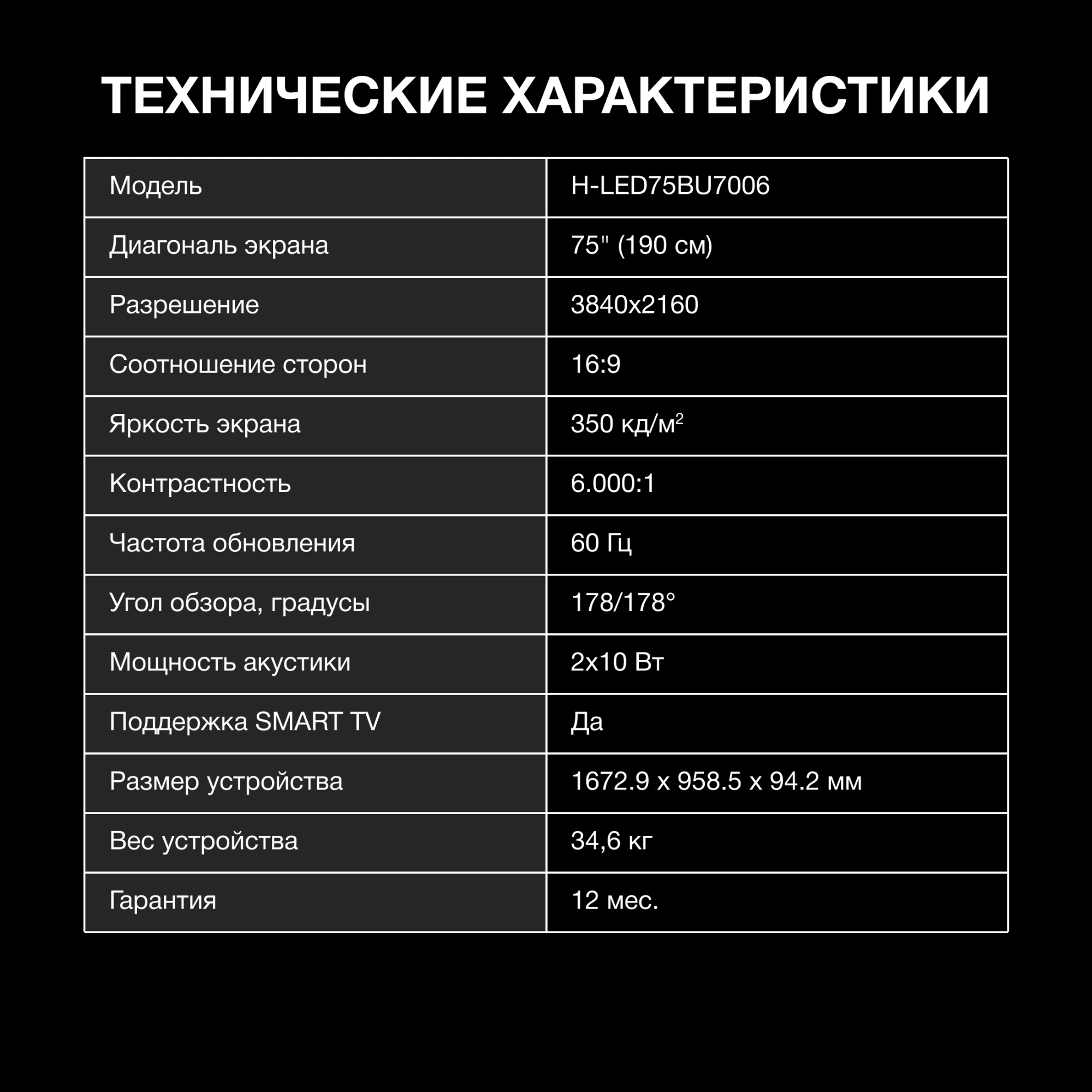 Телевизор LED Hyundai 75" H-LED75BU7006 Android TV Frameless черный 4K Ultra HD 60Hz DVB-T DVB-T2 DVB-C DVB-S DVB-S2 USB WiFi Smart TV