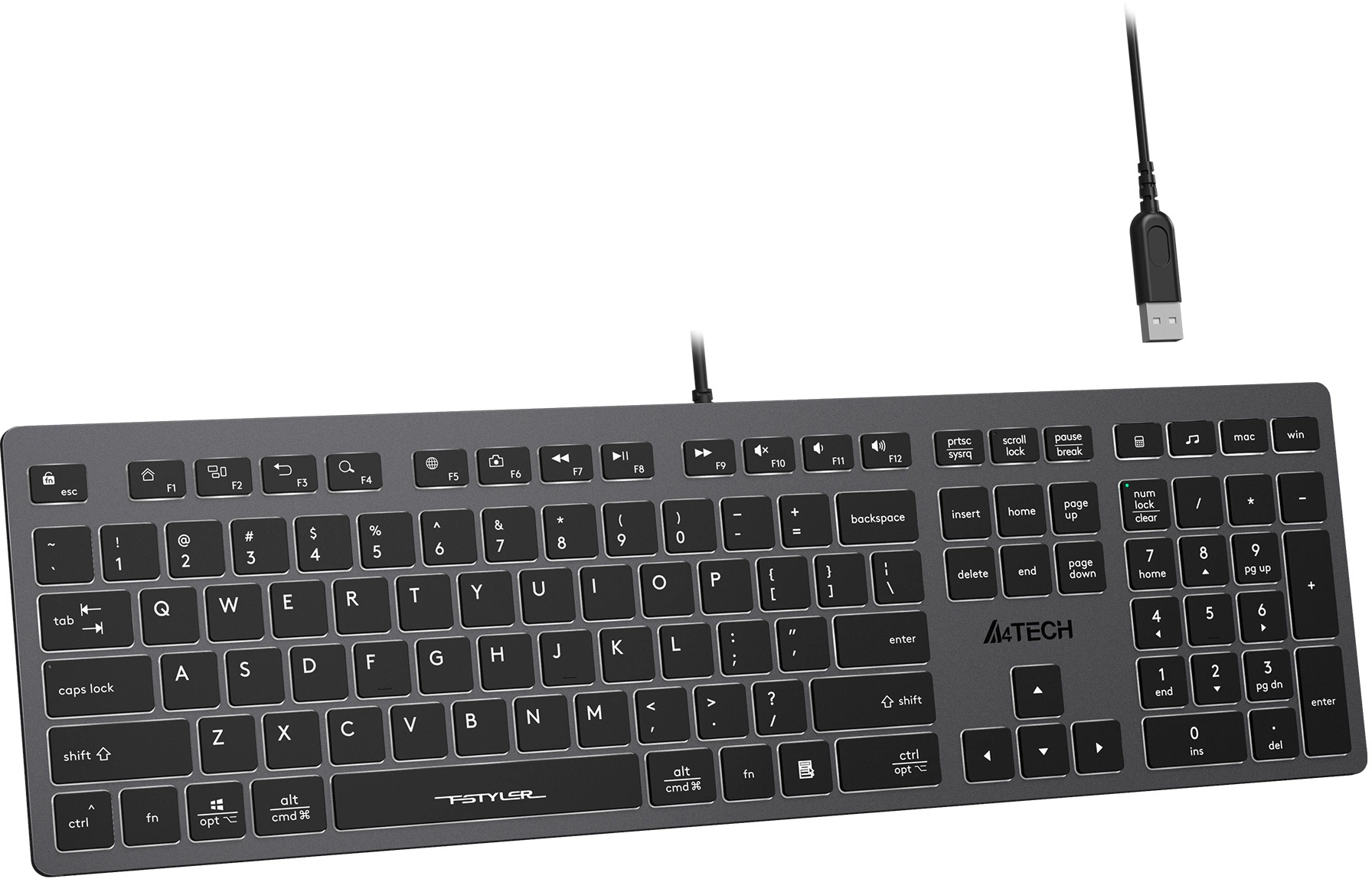 Клавиатура A4Tech FX60H серый USB slim LED (FX60H GREY/WHITE) кабель 1.5м