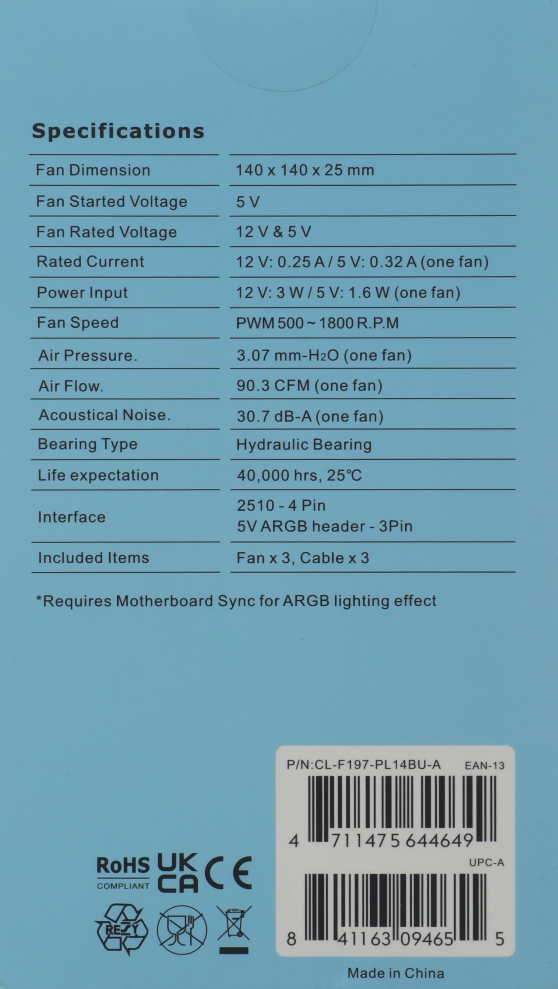 Вентилятор для корпуса Thermaltake CT140 EX Sync Hydrangea ARGB 140х140x25 синий 4-pin 30.7дБ (упак.:3шт) (CL-F197-PL14BU-A) Ret