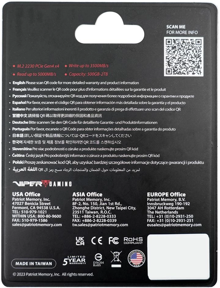 Накопитель SSD Patriot PCIe 4.0 x4 500GB VP4000M500GM23 VP4000 Mini M.2 2230