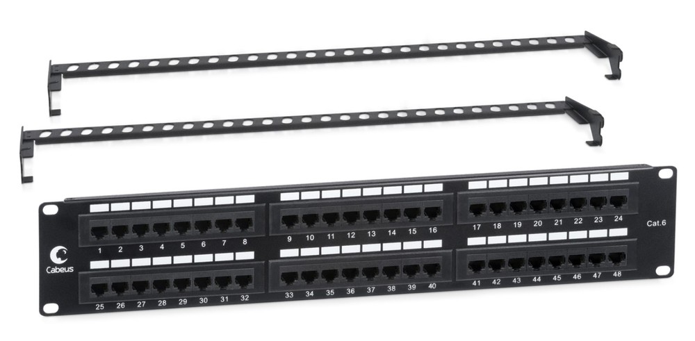 Cabeus PL-48-Cat.6-Dual IDC - Патч-панель 19" (2U), 48 портов RJ-45, категория 6, Dual IDC, с задним кабельным организатором.