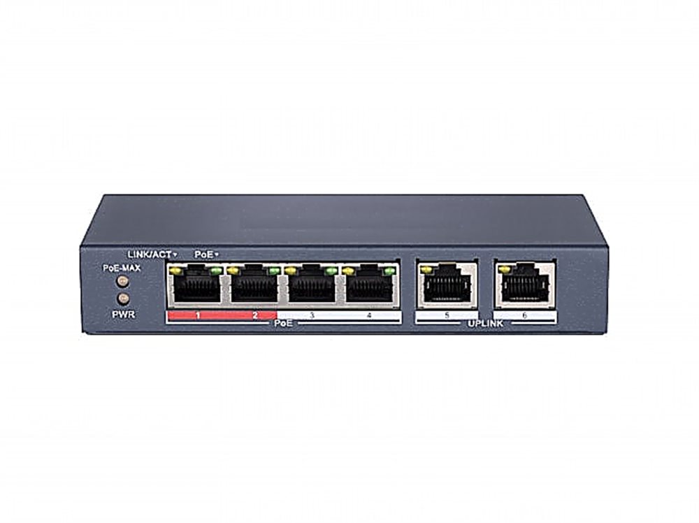 Сетевой неуправляемый коммутатор DS-S604P - 4 RJ45 100M PoE, 2 порта с высоким приоритетом; 2 Uplink порта 100М Ethernet