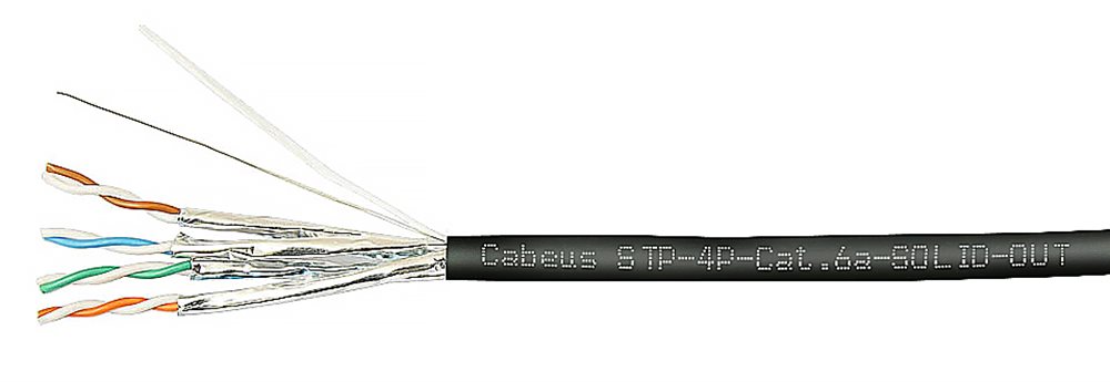 Cabeus STP-4P-Cat.6a-SOLID-OUT-LSZH-UV - Кабель витая пара экранированная STP (U/FTP), категория 6a (10GBE), 4 пары, (23 AWG), однож  (solid), экран - фольга, для внеш  прокладки LSZH-UV 305