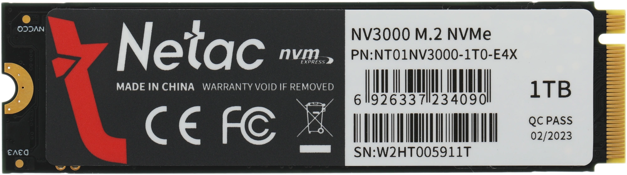 Накопитель SSD Netac PCIe 3.0 x4 1TB NT01NV3000-1T0-E4X NV3000 M.2 2280