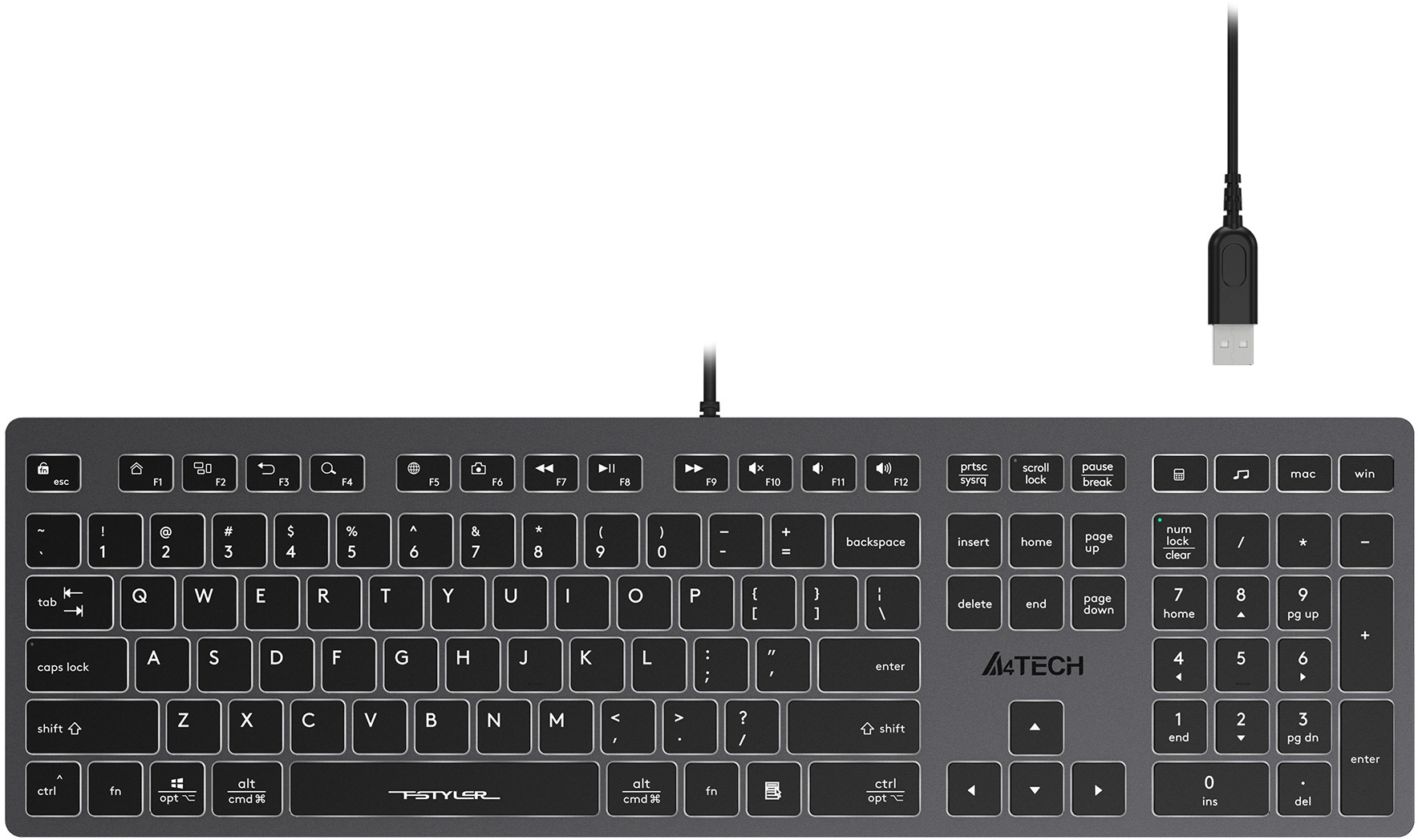 Клавиатура A4Tech FX60H серый USB slim LED (FX60H GREY/WHITE) кабель 1.5м