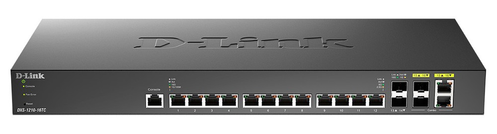 DXS-1210-16TC/B1A - Настраиваемый L2+ коммутатор с 12 портами 10GBase-T, 2 портами 10GBase-X SFP+ и 2 комбо-портами 10GBase-T/SFP+, D-Link