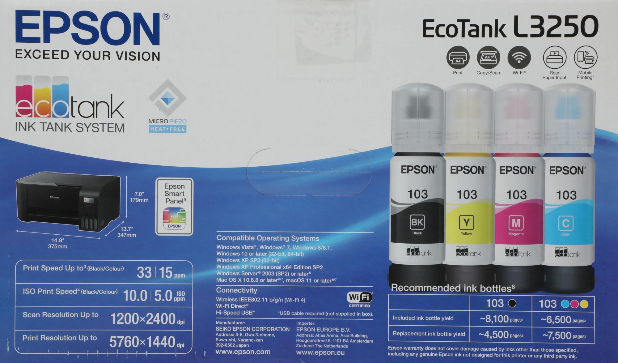 МФУ струйный Epson L3250 (C11CJ67508/503/418/405/408/412) A4 WiFi черный
