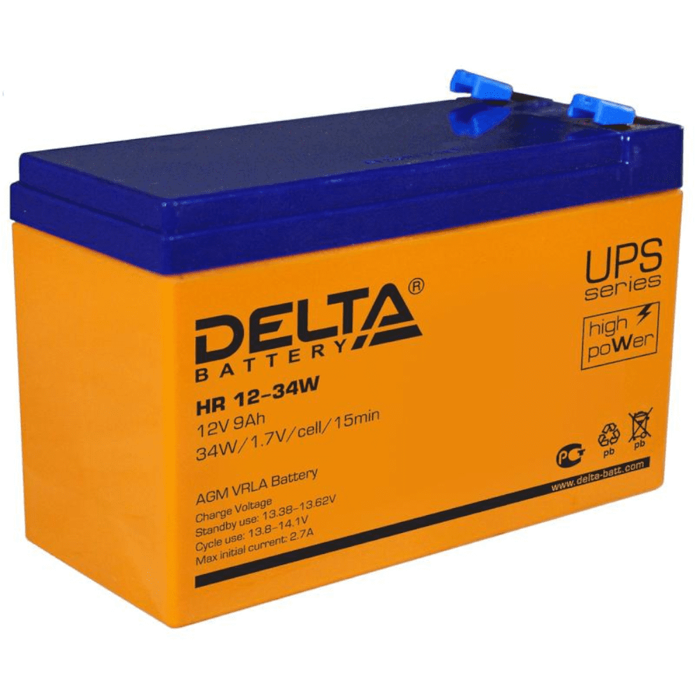 Delta HR 12-34 W Свинцово-кислотный, герметичный аккумулятор, 12В/9Ач, ножевые клеммы 6,35 мм (F2), 151х65х94мм, 2,62 кг