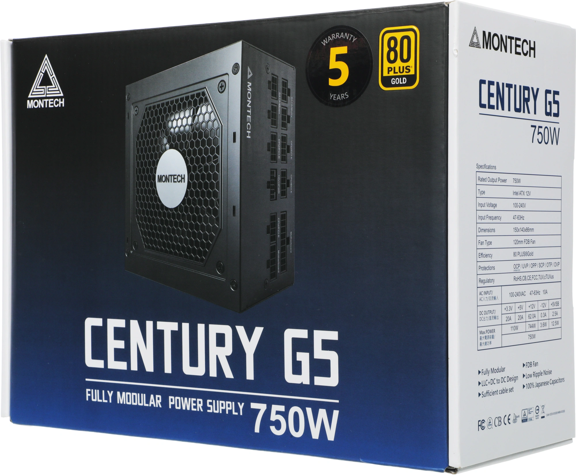 Блок питания Montech ATX 750W CENTURY GOLD G5 80+ gold (20+4pin) APFC 120mm fan 10xSATA Cab Manag RTL
