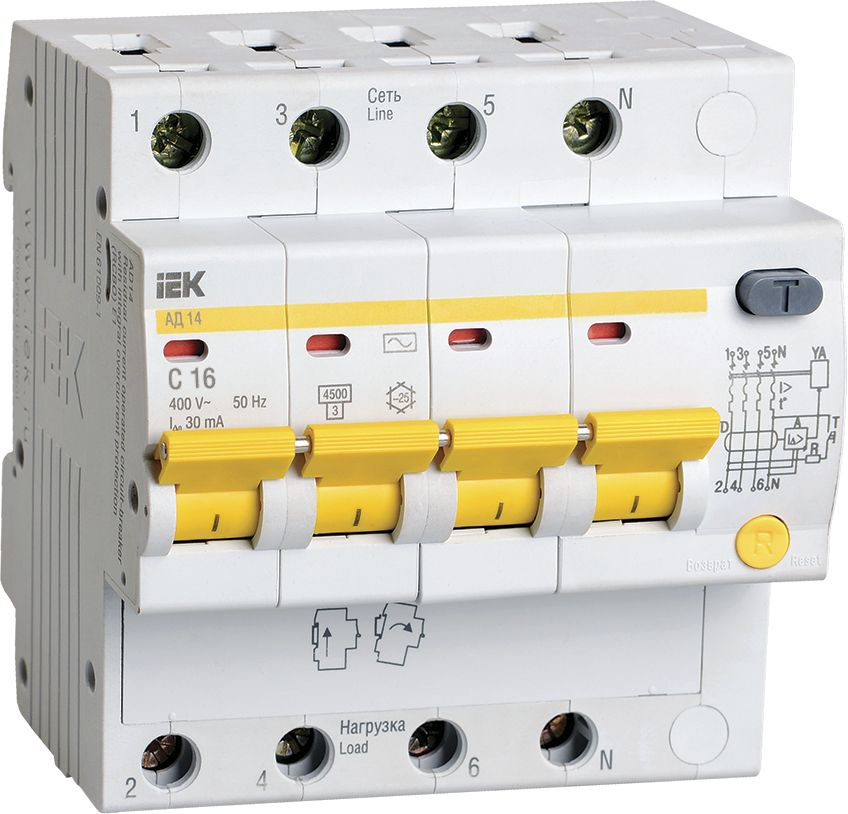 Выключатель автом. дифф. тока IEK MAD10-4-016-C-030 АД14 16A тип C 4.5kA 30мА AC 4П 230/400В 5мод белый (упак.:1шт)