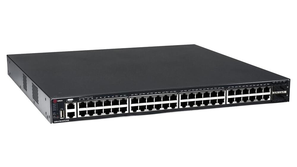 QSW-4700-52TX-POE Коммутатор QTECH управляемый стекируемый уровня L3 с поддержкой PoE 802.3af/at, 48 портов 10/100/1000 BASE-T, 4 порта 10GbE SFP+, 4K VLAN, 32K MAC адресов,  конс. порт, 1 MGMT, 1 порт USB 2.0, 2 БП (поставляются отдельно)