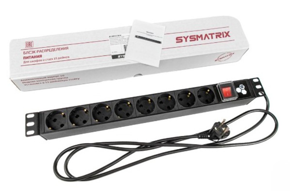 SYSMATRIX PD 19.08SCH-IS-1.16-1.8.2 - Блок розеток 19 PDU с 8 розетками представляет собой надежное и эффективное устройство для распределения электропитания в телекоммуникационных шкафах и стойках 19 дюймов.