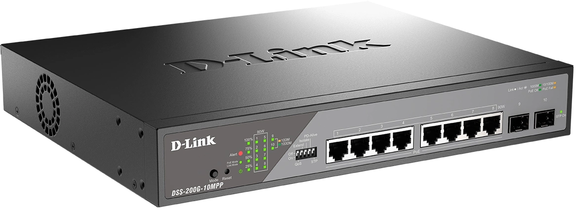 Коммутатор D-Link DSS-200G-10MPP/A1A (L2) 8x1Гбит/с 2SFP 8PoE++ 242W настраиваемый