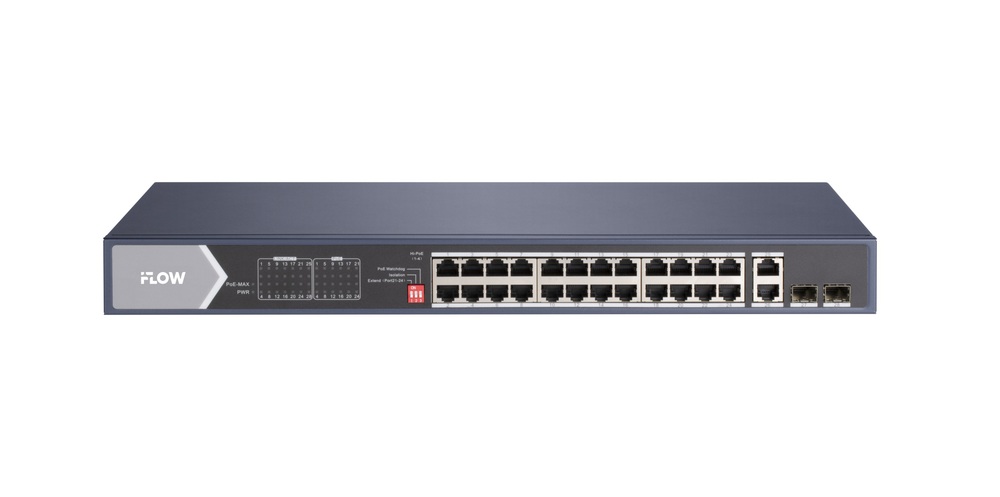 F-SW-EU628HPOE-V - неуправляемый PoE-коммутатор на 24 гигабитных порта RJ45 PoE, 2 uplink порта 1000 Мбит/с RJ45, 2 гигабитных порта SFP, iFLOW
