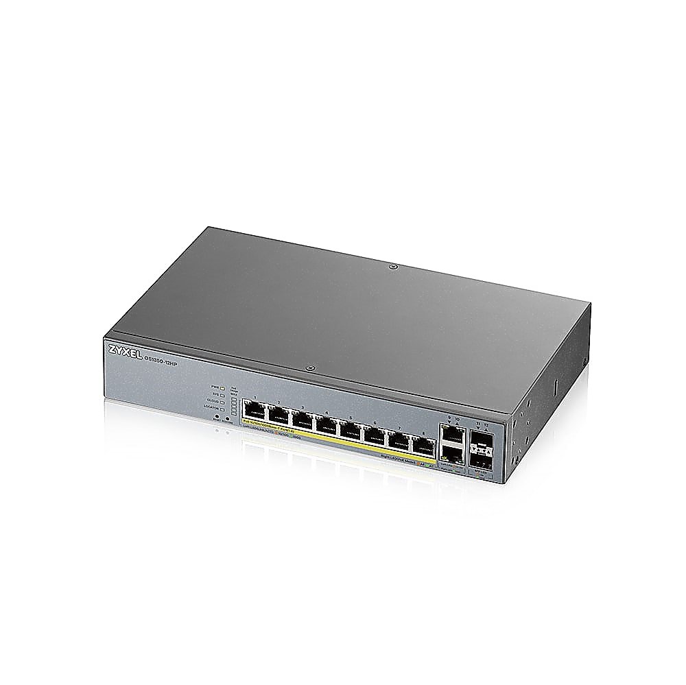 GS1350-12HP - L2 коммутатор управляемый PoE+ для IP-видеокамер Zyxel, 10xGE (8xPoE+), 2xSFP, бюджет PoE 130 Вт, дальность передачи питания до 250 м, автоперезагрузка PoE-портов