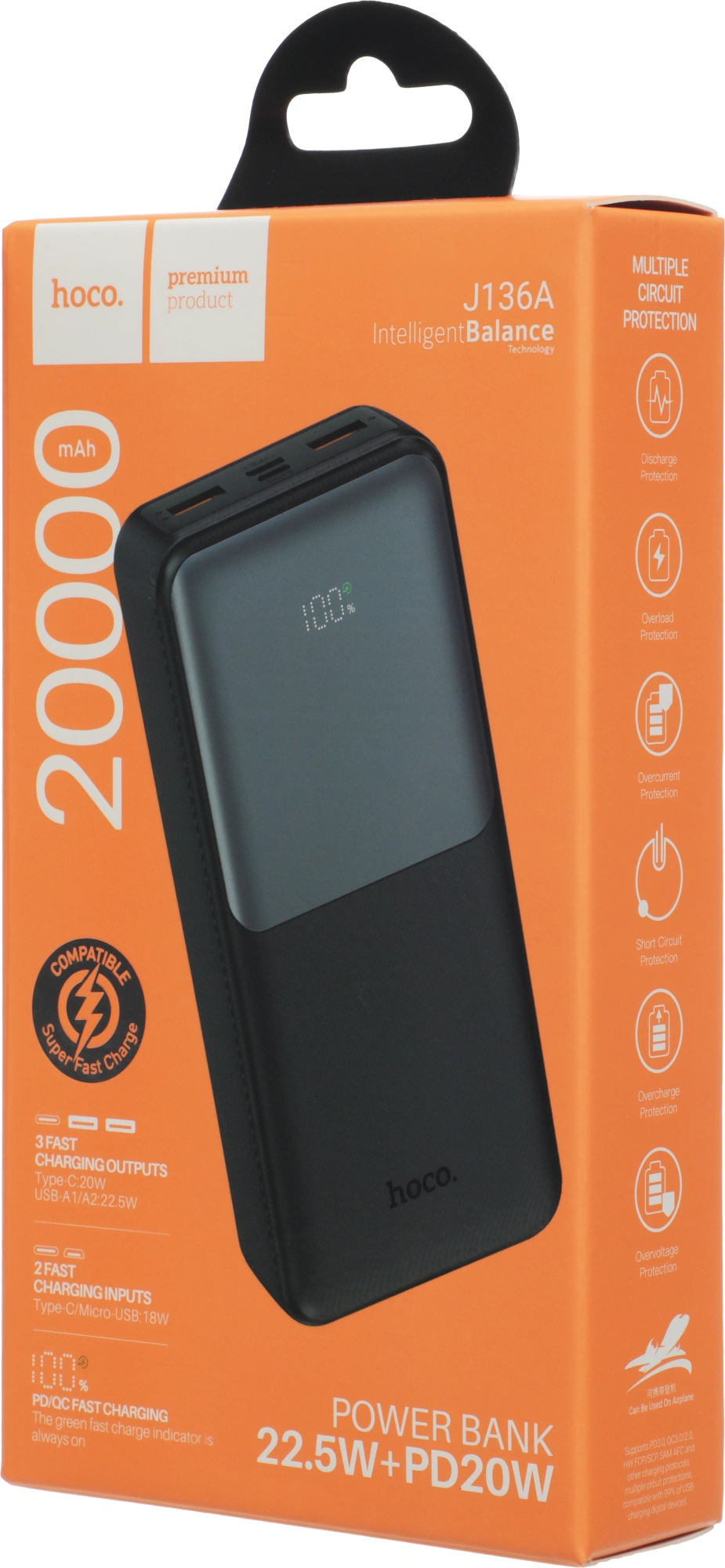 Мобильный аккумулятор Hoco J136A 20000mAh QC3.0/PD3.0 22.5W 3A 2xUSB-A/USB-C черный (34830)