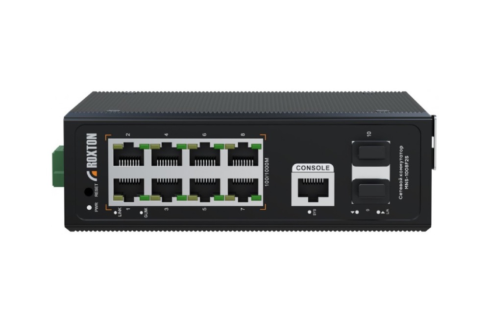 MNS-1008F2S - Управляемый сетевой коммутатор с 8 портами 10/100/1000 Мбит/с, 2х1000  Мбит/c SFP портами. Возможность установки в 19” телекоммуникационную стойку на DIN рейку.