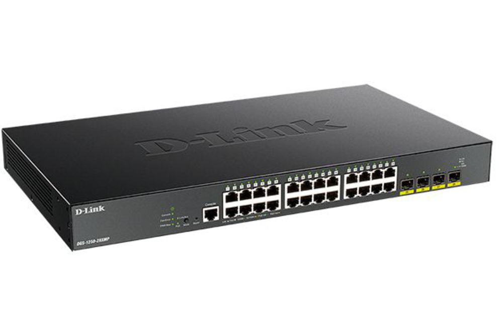 DGS-1250-28XMP/A1A Настраиваемый L2 коммутатор с 24 портами 10/100/1000Base-T и 4 портами 10GBase-X SFP+ (24 порта PoE 802.3af/at, PoE-бюджет 370 Вт)