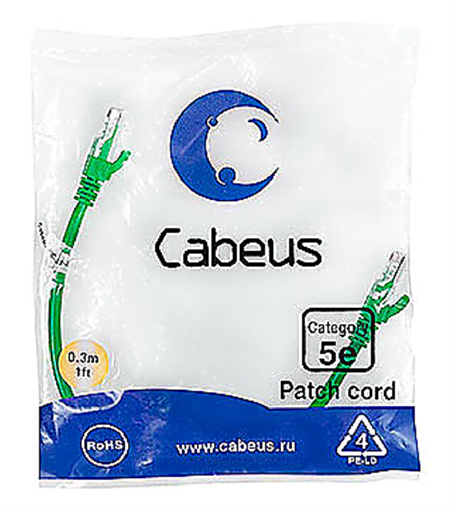 Cabeus PC-UTP-RJ45-CAT.5E-0.3M-GN-LSZH Патч-корд U/UTP, категория 5е, 2xRJ45/8p8c, неэкранированный, зеленый, LSZH, 0.3м