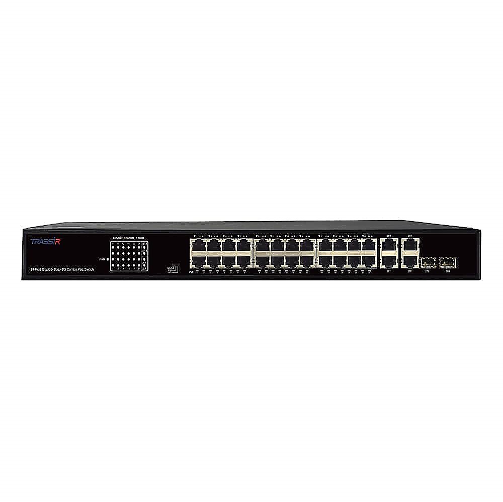 TR-NS14282С-370-24POE -  Неуправляемый коммутатор TRASSIR с24 PoE портами (10/100/1000 Мбит/с Base-T PoE port),и 2 Combo портами (10/100/1000 Мбит/с Base-T), 2 Uplink (10/100/1000 Мбит/с Base-T).