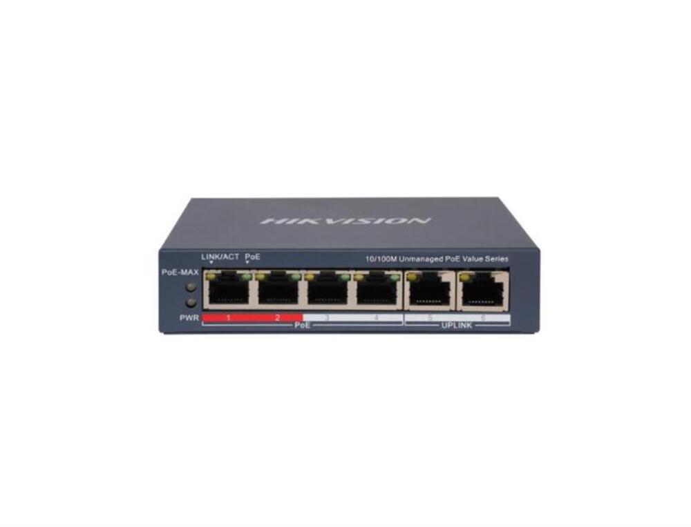 DS-3E0106P-E/M(B) - Неуправляемый коммутатор Fast Ethernet POE. 4 порта PoE 10/100 Мбит/с, 2 порта RJ45 10/100 Мбит/с, Hikvision