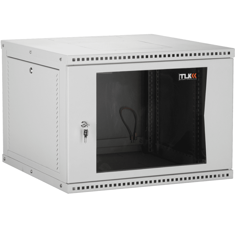 TWI-126060-R-G-GY - Настенный разборный шкаф TLK 19", 12U, стеклянная дверь, Ш600хВ569хГ600мм, 2 пары монтажных направляющих, серый