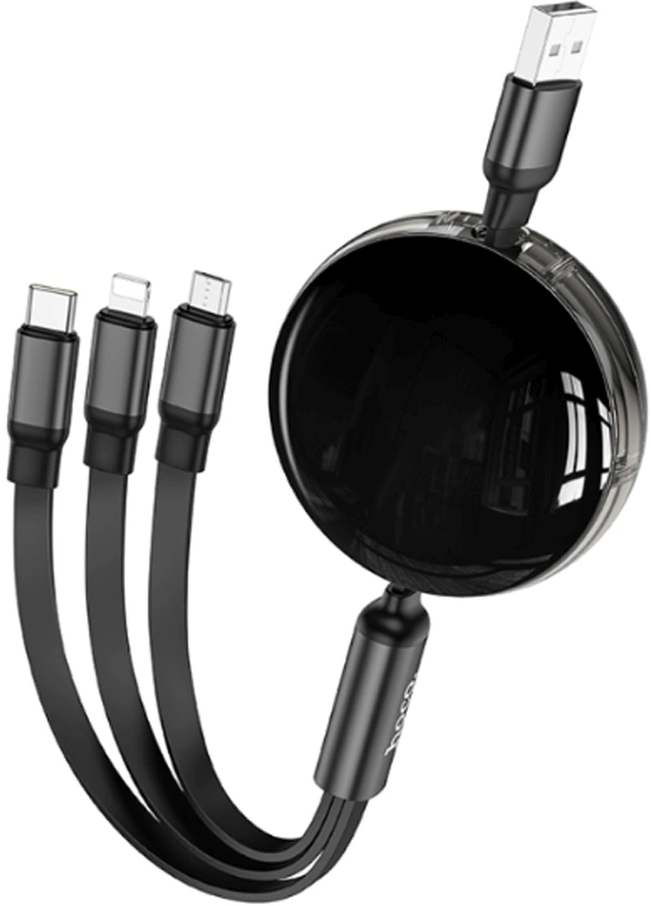 Кабель Hoco X78 Easy pull storage 3-in-1 91290 USB (m)-Lightning (m)/USB Type-C (m)/micro USB (m) 1м черный