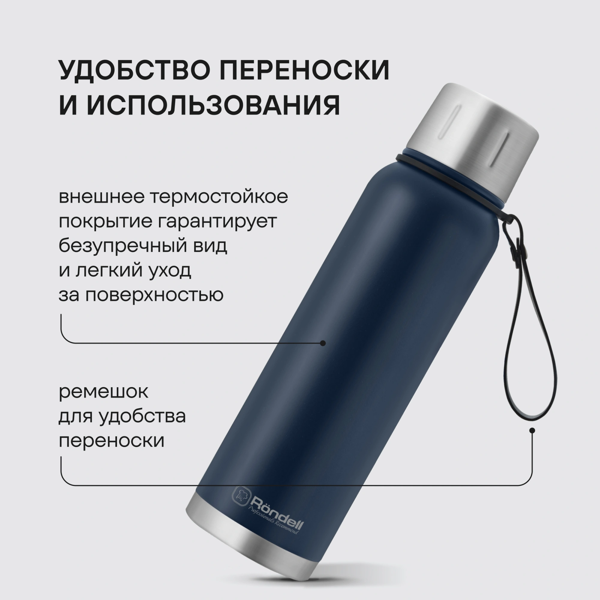 Термос для напитков Rondell Promenade RDS-1820 1л. синий картонная коробка