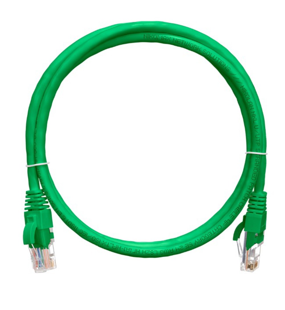 NMC-PC4UD55B-010-C-GN - Коммутационный шнур NIKOMAX U/UTP 4 пары, Кат.5е (Класс D), 100МГц, 2хRJ45/8P8C, T568B, заливной, с защитой защелки, многожильный, BC (чистая медь), 24AWG (7х0,205мм), LSZH нг(А)-HFLTx, зеленый, 1м