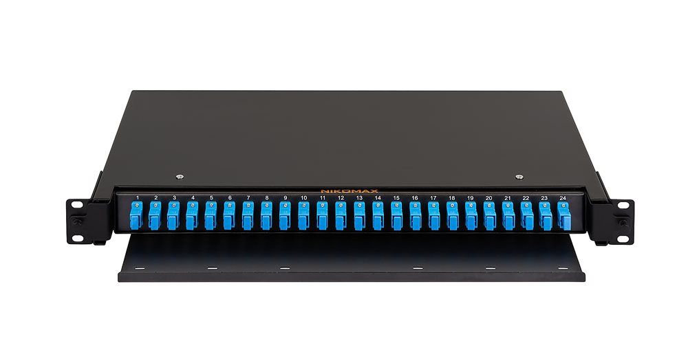 NMF-RP24SCUS2-TS-P1-1U-BK - Кросс NIKOMAX 19", Premium Line, 1U, укомплектованный на 24 порта SC/UPC, SM 9/125 OS2, выдвижной, черный