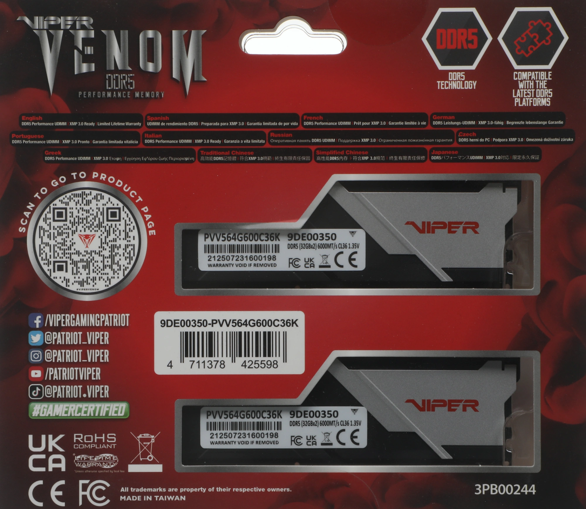 Память DDR5 2x32GB 6000MHz Patriot PVV564G600C36K Viper Venom RTL Gaming PC5-48000 CL36 DIMM 288-pin 1.35В с радиатором Ret