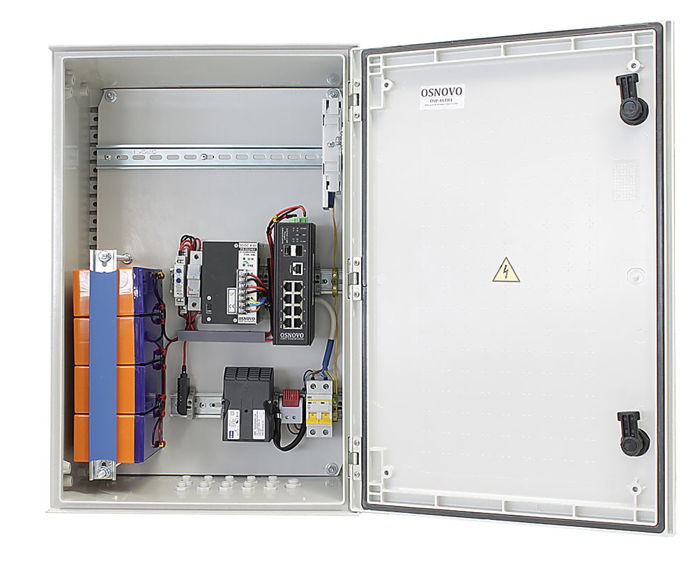 OSP-46TB1(SW-80802/ILS(port 90W)) - Уличный управляемый (L2+) коммутатор OSNOVO. Порты: 1 x GE (10/100/1000Base-T) с PoE (до 90W, IEEE 802.3bt) + 7 x GE (10/100/1000Base-T) с PoE (до 30W) + 2 x GE SFP (1000Base-X). Суммарный бюджет PoE до 240W