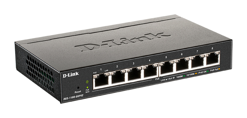 DGS-1100-08PV2/A4A - Настраиваемый L2 коммутатор с 8 портами 10/100/1000Base-T (8 портов PoE 802.3af/at, PoE-бюджет 64 Вт), D-Link