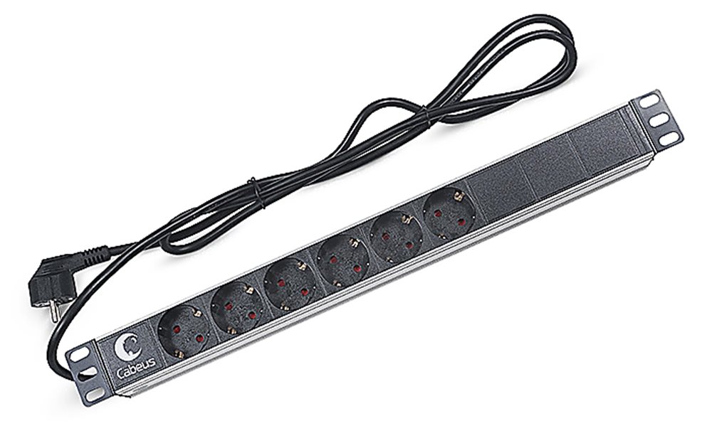 Cabeus PDU-6P-2EU - Блок евророзеток для 19" шкафов, горизонтальный, 6 розеток, 16 A, без выключателя, шнур 2м, алюминиевый корпус, немецкий стандарт