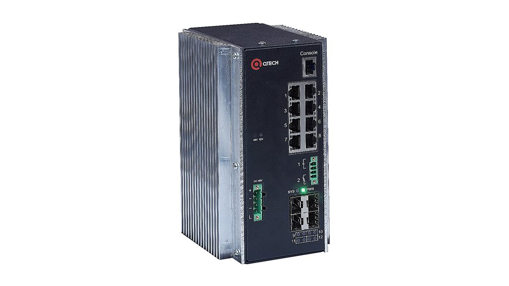 QSW-3310-12T-I-POE-DC Коммутатор QTECH управляемый индустриальный L3 с PoE (8 портов 10/100/1000BASE-T, 4 порта 1000 BASE-X SFP, 4К VLAN, 16K MAC-адресов, консольный порт (на передней панели), встроенный блок питания 48В DC (на передней панели))