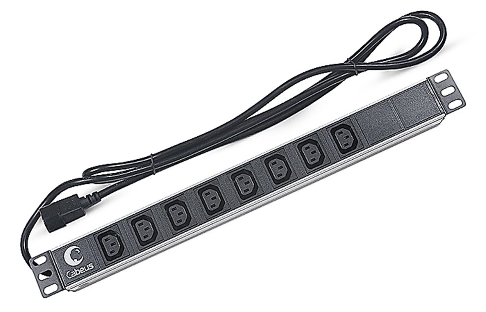 Cabeus PDU-8I-2IEC - Блок розеток Cabeus для 19" шкафов, горизонтальный, 8 розеток IEC 320 C13, 10 A, без выключателя, алюминиевый корпус, шнур 2 м, вилка IEC 320 C14