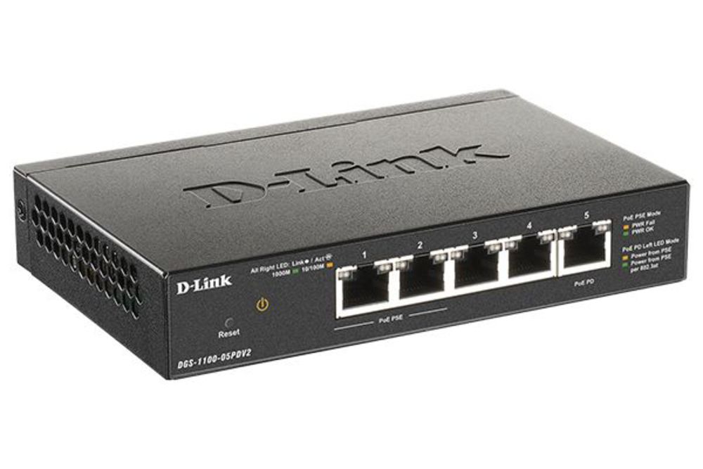 DGS-1100-05PDV2/A1A Настраиваемый L2 коммутатор D-Link с 5 портами 10/100/1000Base-T (2 порта PoE, 1 порт для питания коммутатор D-Linkа по PoE). (Питание осуществляется только по PoE.)