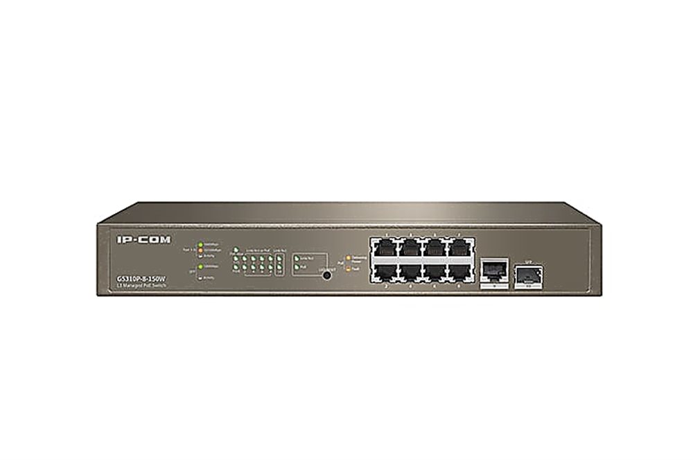 IP-COM G5310P-8-150W - Коммутатор PoE управляемый L3, 10 портовый. 8 портов PoE 10/100/1000 Мбит/c Base-T (IEEE 802.3at/af) до 30Вт на порт + 1 порт Ethernet 10/100/100 Мбит/c Base-T + 1 порт SFP 10/100/1000 Мбит/c Base-X. Бюджет PoE 130Вт. Грозозащита на