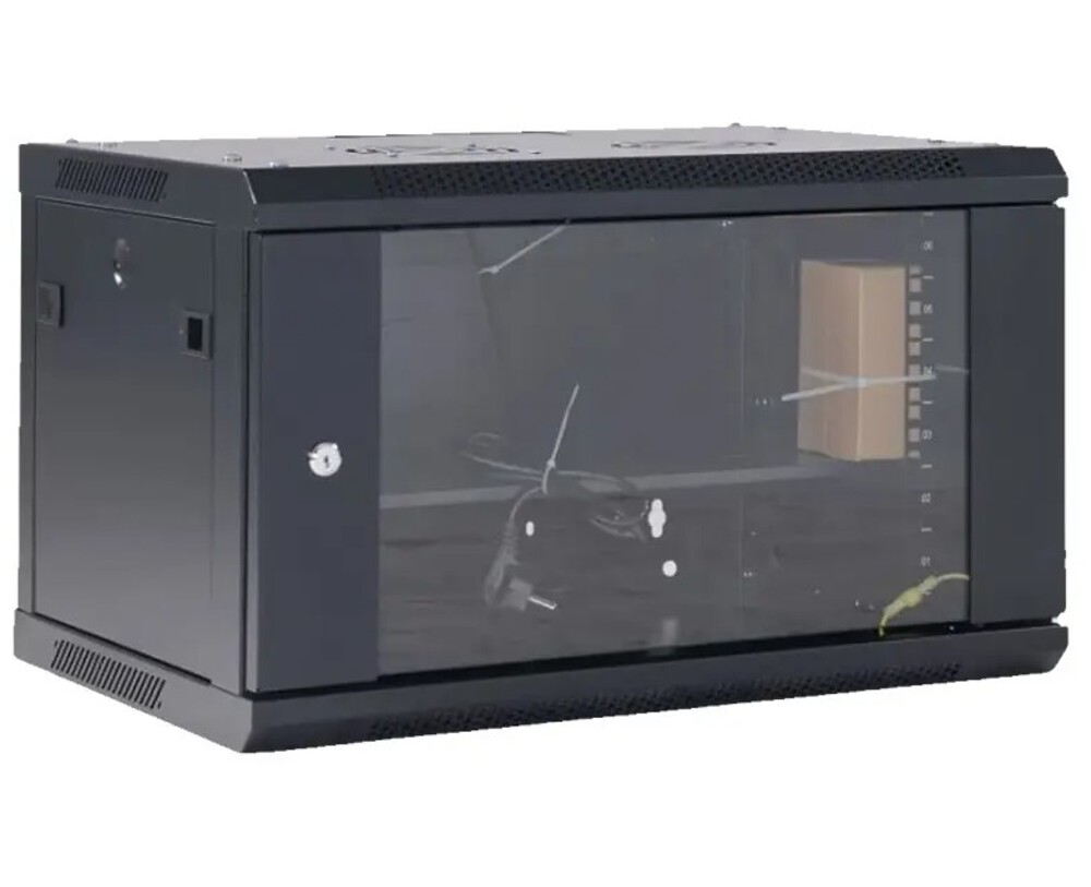04-0666-112 - Настенный телекоммуникационный шкаф 19" 6U 600×600мм, дверь стекло, с задней стенкой, разборный, черный (RAL 9005), Rexant
