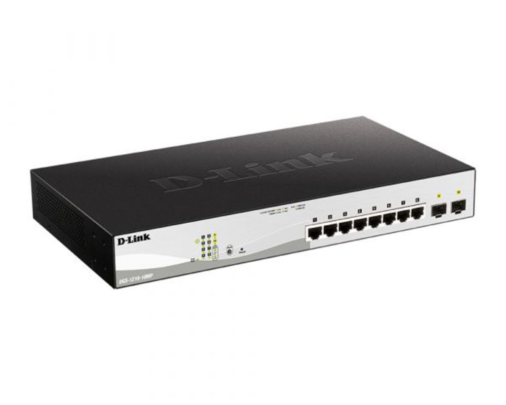 DGS-1210-10MP/F3A PROJ Настраиваемый L2 коммутатор D-Link с 8 портами 10/100/1000Base-T и 2 портами 1000Base-X SFP (8 портов PoE 802.3af/at, PoE-бюджет 130 Вт)