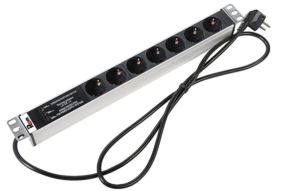 R-16-7S-FI-440-3 - Блок розеток Rem-16 с фил. и инд., 7 Schuko, 16 A, алюм., 19", шнур 3 м